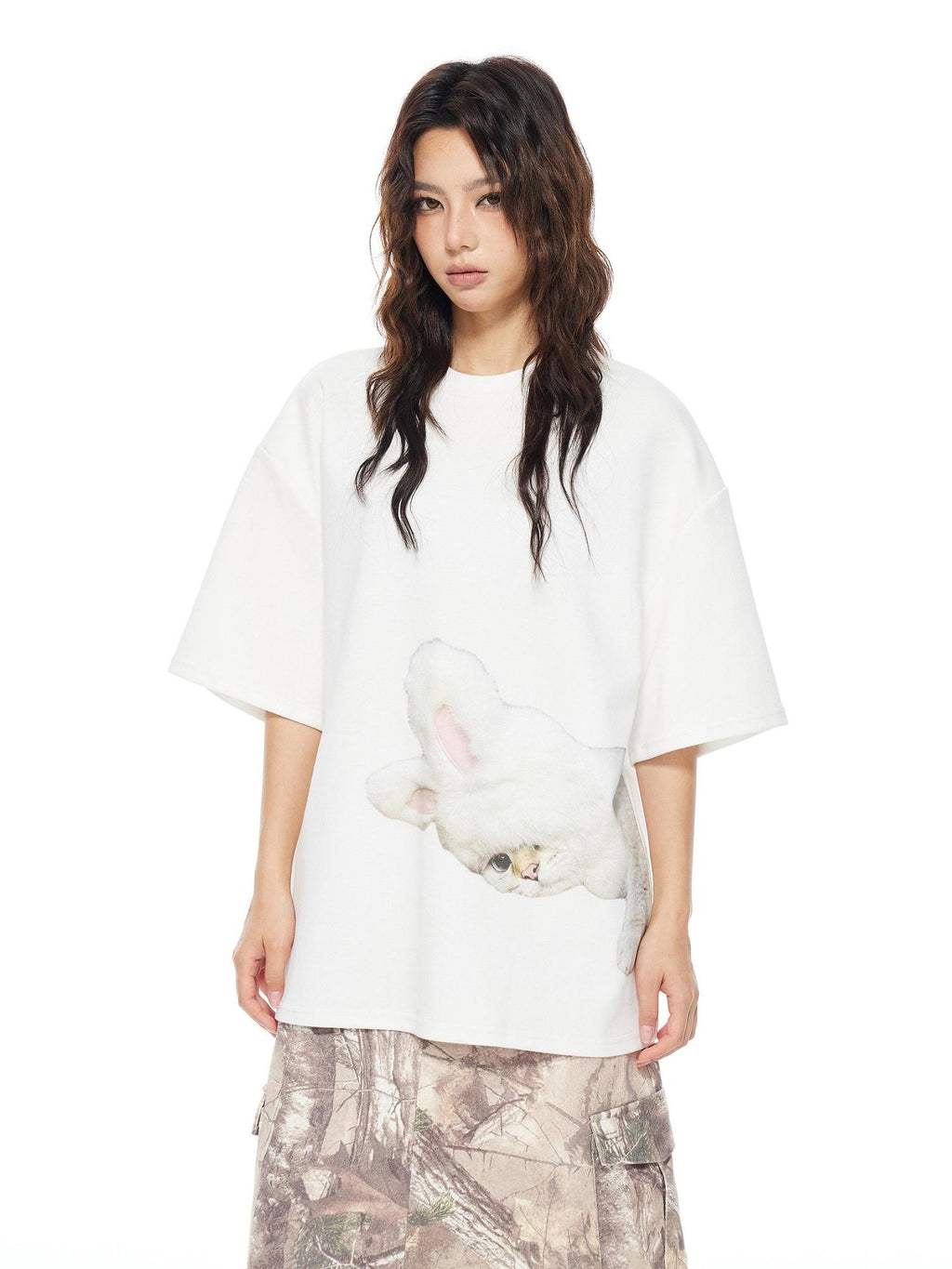 THELIGHT OFFICIAL White Printed Loose Crew Neck Women's Cotton Blend Short Sleeve T-shirts