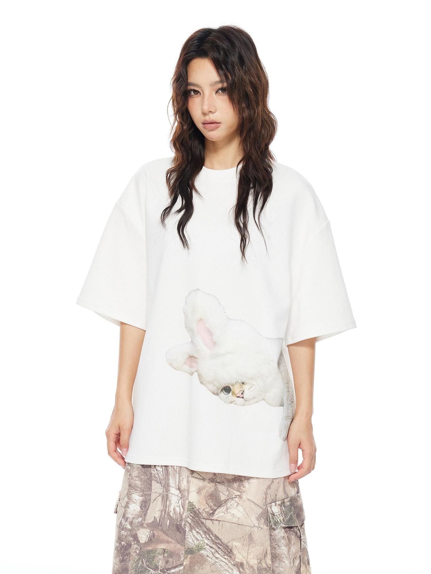 THELIGHT OFFICIAL White Printed Loose Crew Neck Women's Cotton Blend Short Sleeve T-shirts