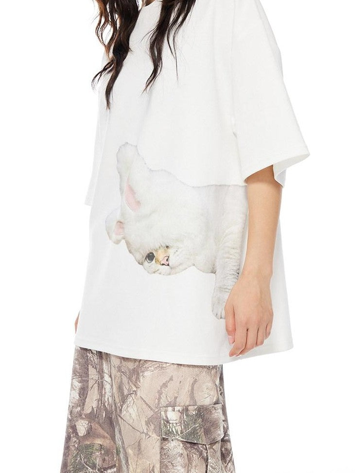 THELIGHT OFFICIAL White Printed Loose Crew Neck Women's Cotton Blend Short Sleeve T-shirts