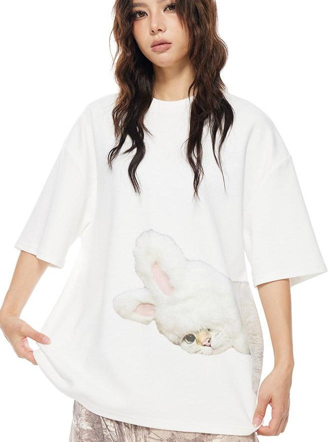 THELIGHT OFFICIAL White Printed Loose Crew Neck Women's Cotton Blend Short Sleeve T-shirts