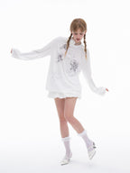 THELIGHT OFFICIAL White Rhinestone Print Women's Lyocell Blend Long Sleeve T-shirts