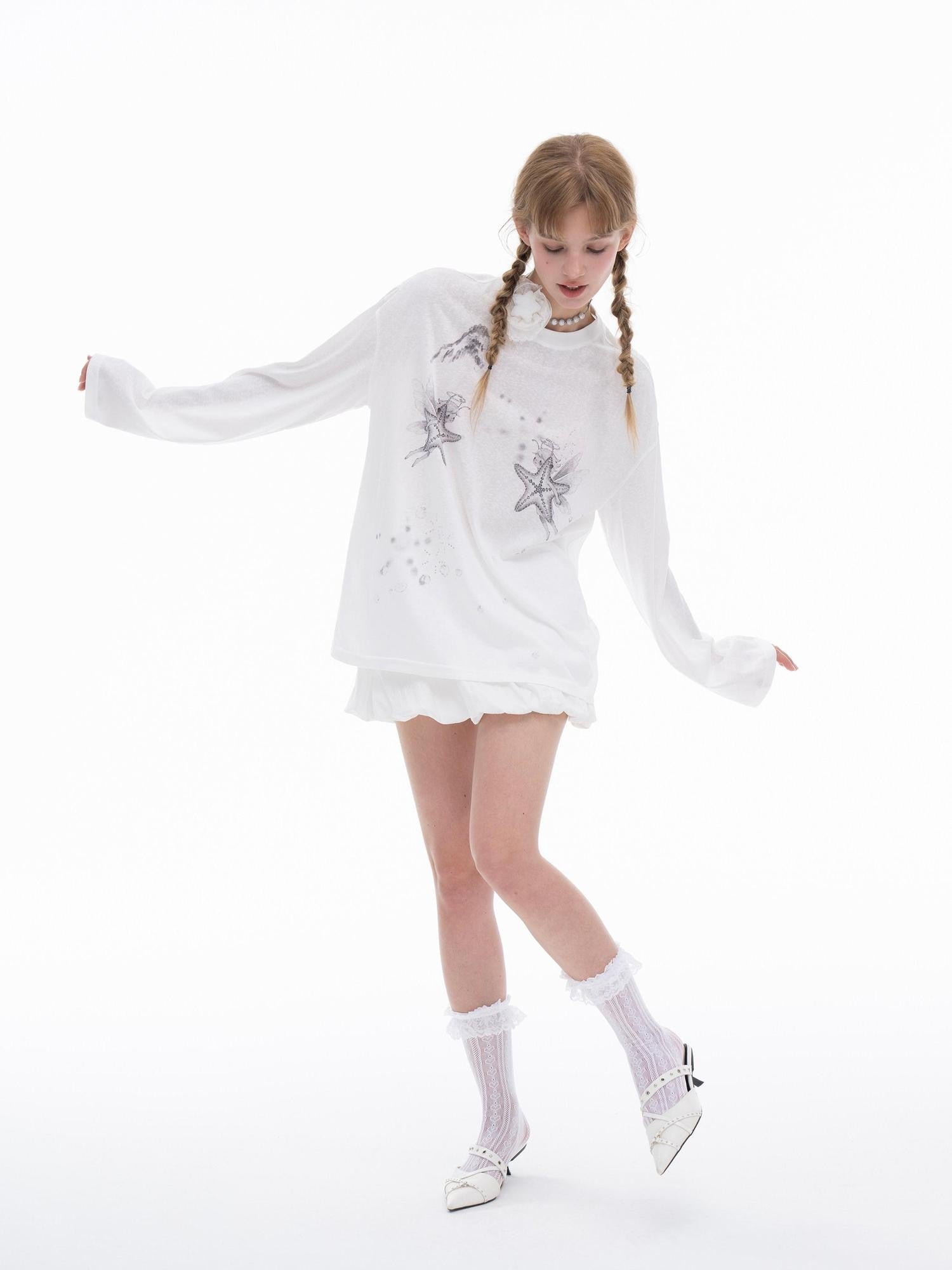 THELIGHT OFFICIAL White Rhinestone Print Women's Lyocell Blend Long Sleeve T-shirts