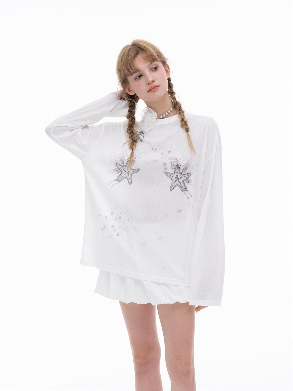THELIGHT OFFICIAL White Rhinestone Print Women's Lyocell Blend Long Sleeve T-shirts