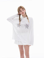 THELIGHT OFFICIAL White Rhinestone Print Women's Lyocell Blend Long Sleeve T-shirts
