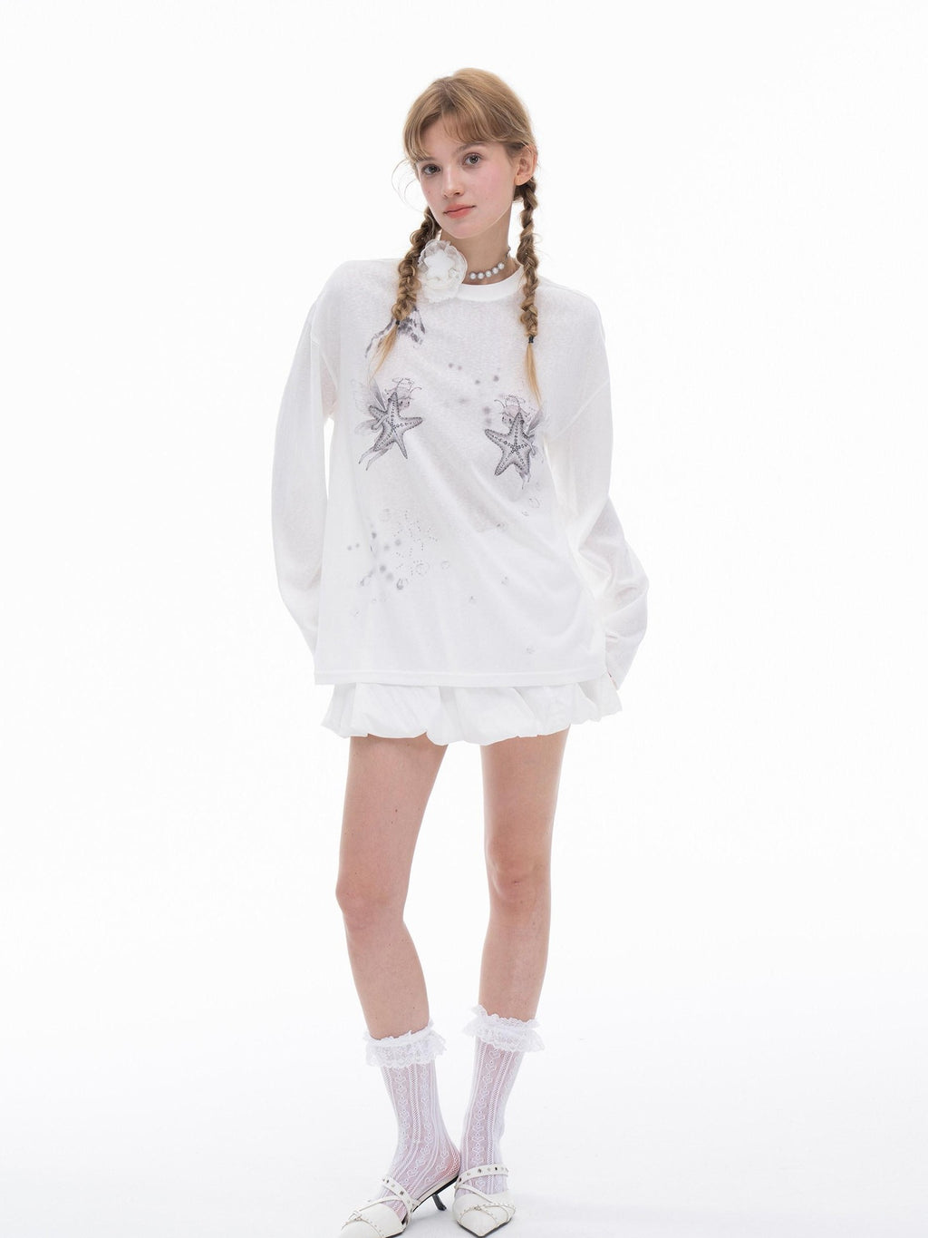 THELIGHT OFFICIAL White Rhinestone Print Women's Lyocell Blend Long Sleeve T-shirts