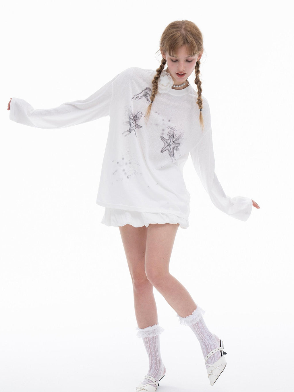 THELIGHT OFFICIAL White Rhinestone Print Women's Lyocell Blend Long Sleeve T-shirts