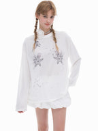 THELIGHT OFFICIAL White Rhinestone Print Women's Lyocell Blend Long Sleeve T-shirts