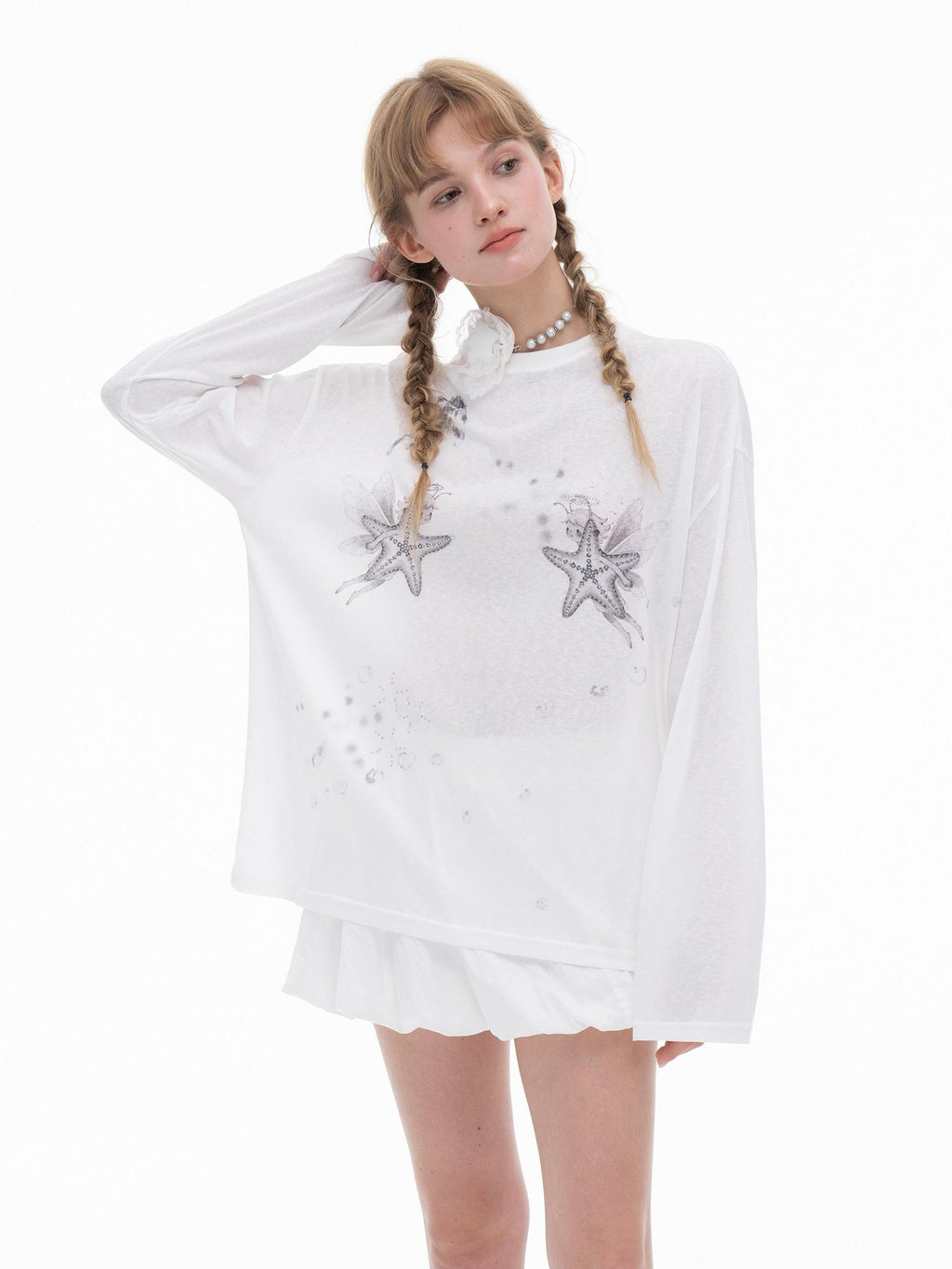 THELIGHT OFFICIAL White Rhinestone Print Women's Lyocell Blend Long Sleeve T-shirts