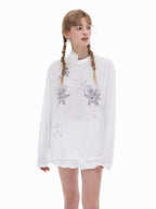 THELIGHT OFFICIAL White Rhinestone Print Women's Lyocell Blend Long Sleeve T-shirts