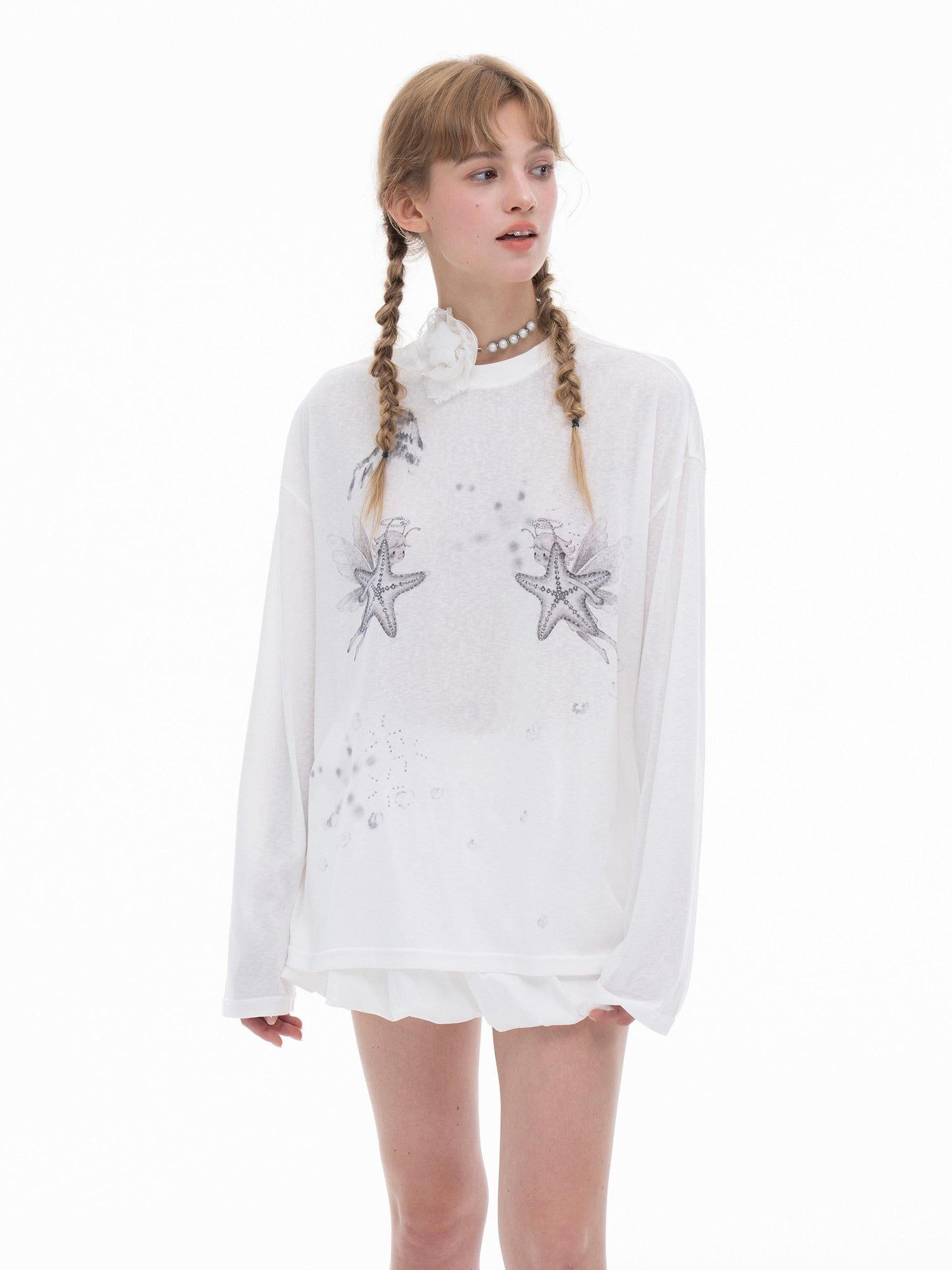 THELIGHT OFFICIAL White Rhinestone Print Women's Lyocell Blend Long Sleeve T-shirts