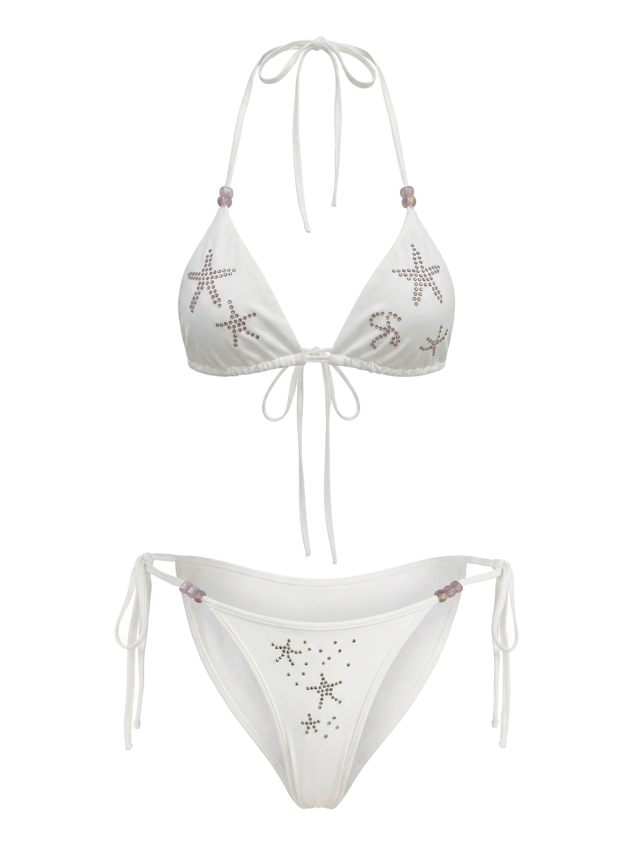 THELIGHT OFFICIAL White Starfish Rhinestone Triangle Halter Tie Women's Polyester Spandex Bikinis 1051024407419