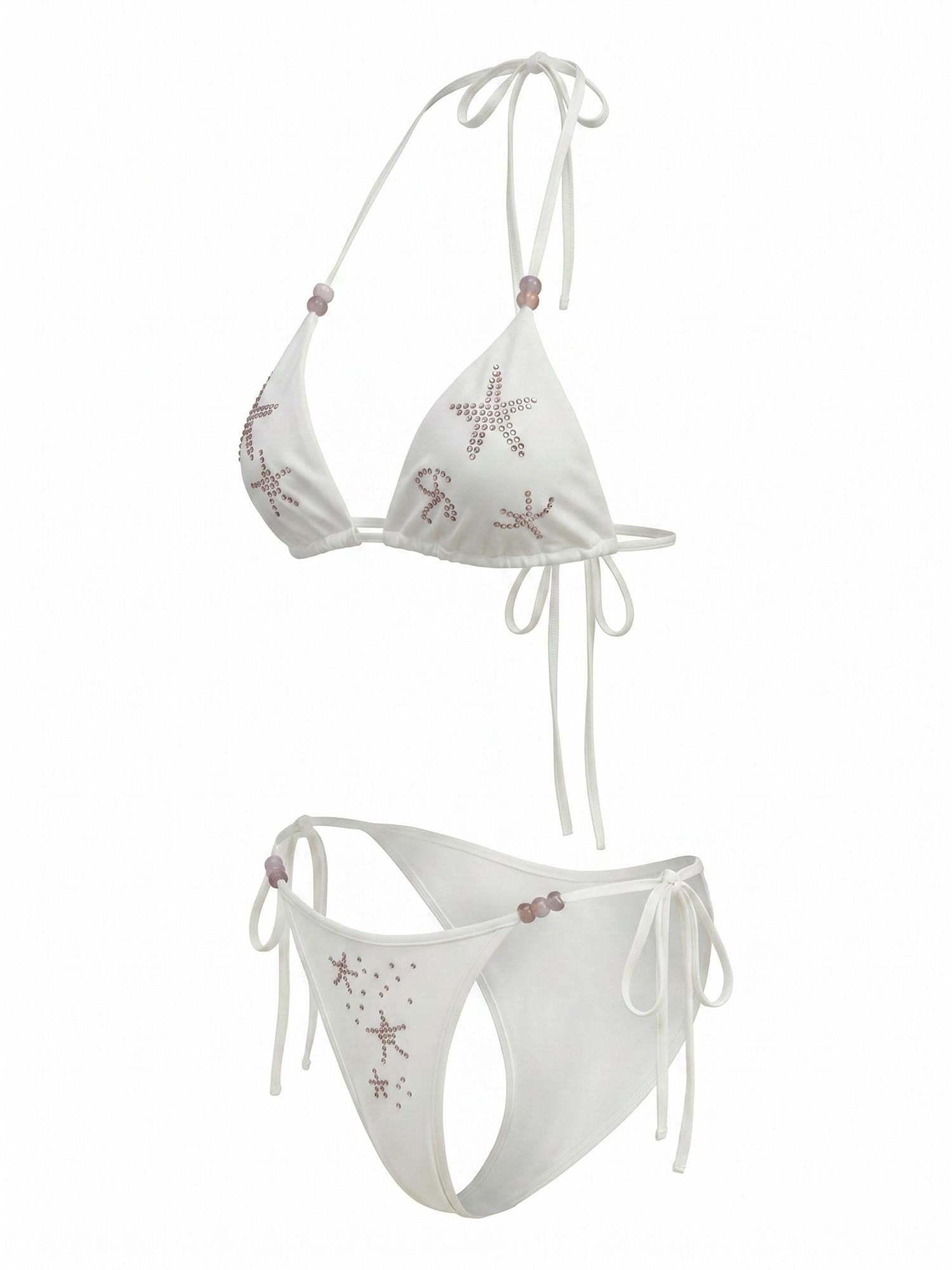 THELIGHT OFFICIAL White Starfish Rhinestone Triangle Halter Tie Women's Polyester Spandex Bikinis