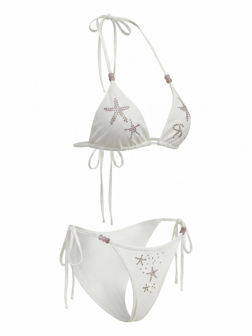 THELIGHT OFFICIAL White Starfish Rhinestone Triangle Halter Tie Women's Polyester Spandex Bikinis