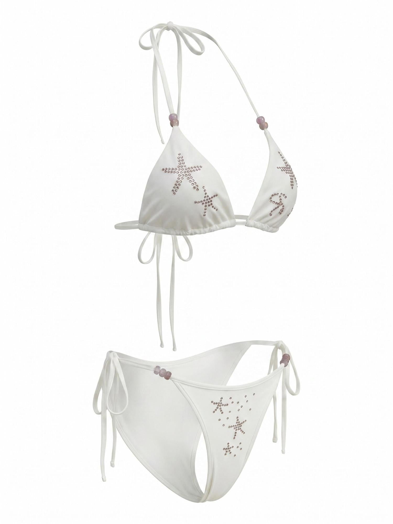 THELIGHT OFFICIAL White Starfish Rhinestone Triangle Halter Tie Women's Polyester Spandex Bikinis