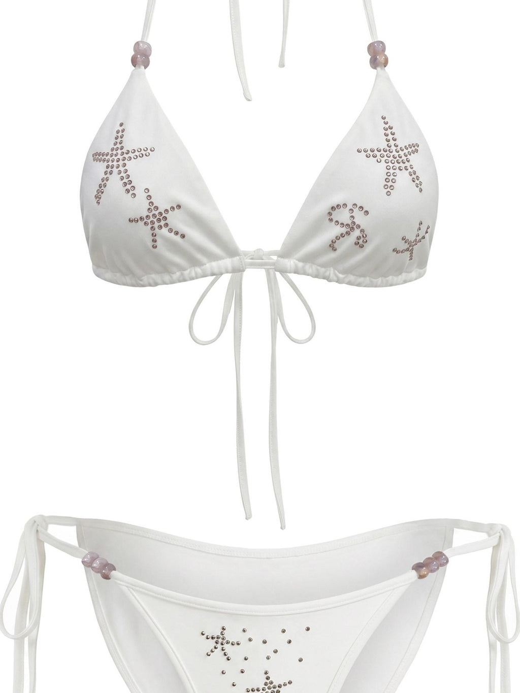 THELIGHT OFFICIAL White Starfish Rhinestone Triangle Halter Tie Women's Polyester Spandex Bikinis