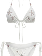 THELIGHT OFFICIAL White Starfish Rhinestone Triangle Halter Tie Women's Polyester Spandex Bikinis