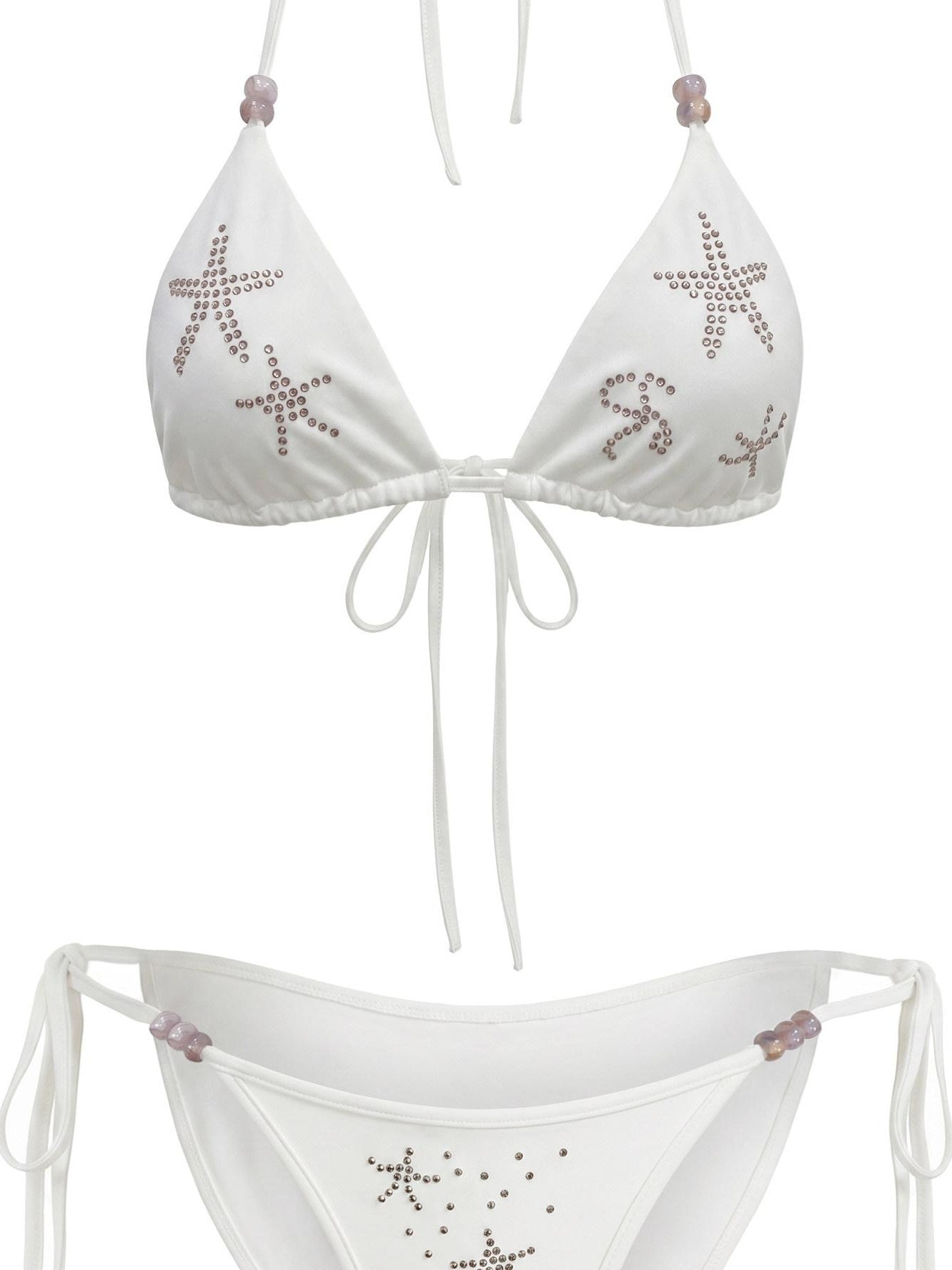 THELIGHT OFFICIAL White Starfish Rhinestone Triangle Halter Tie Women's Polyester Spandex Bikinis