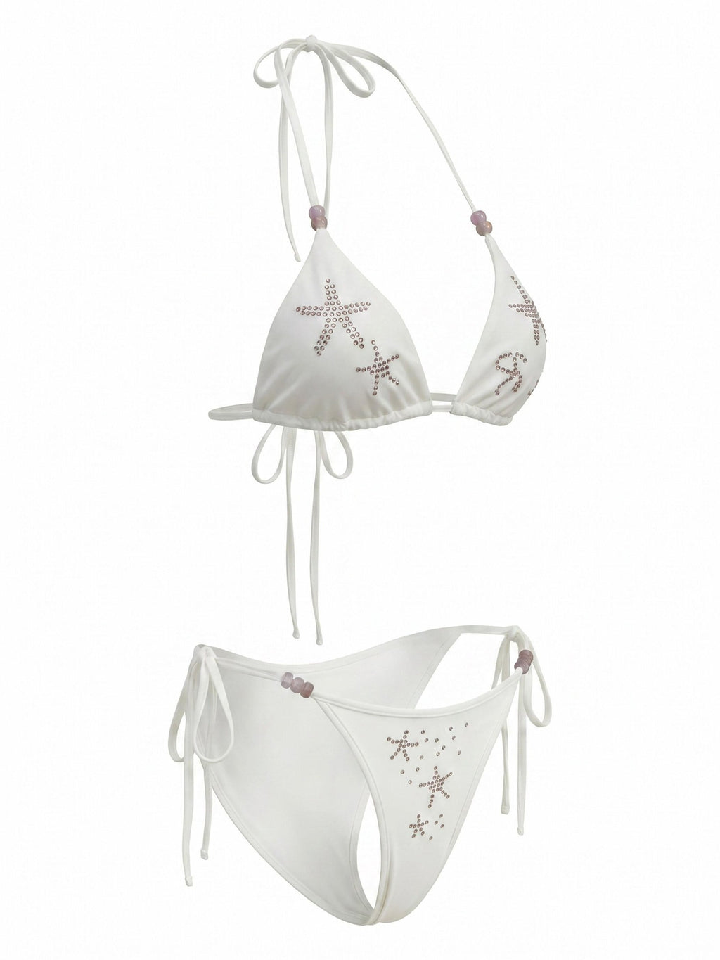 THELIGHT OFFICIAL White Starfish Rhinestone Triangle Halter Tie Women's Polyester Spandex Bikinis