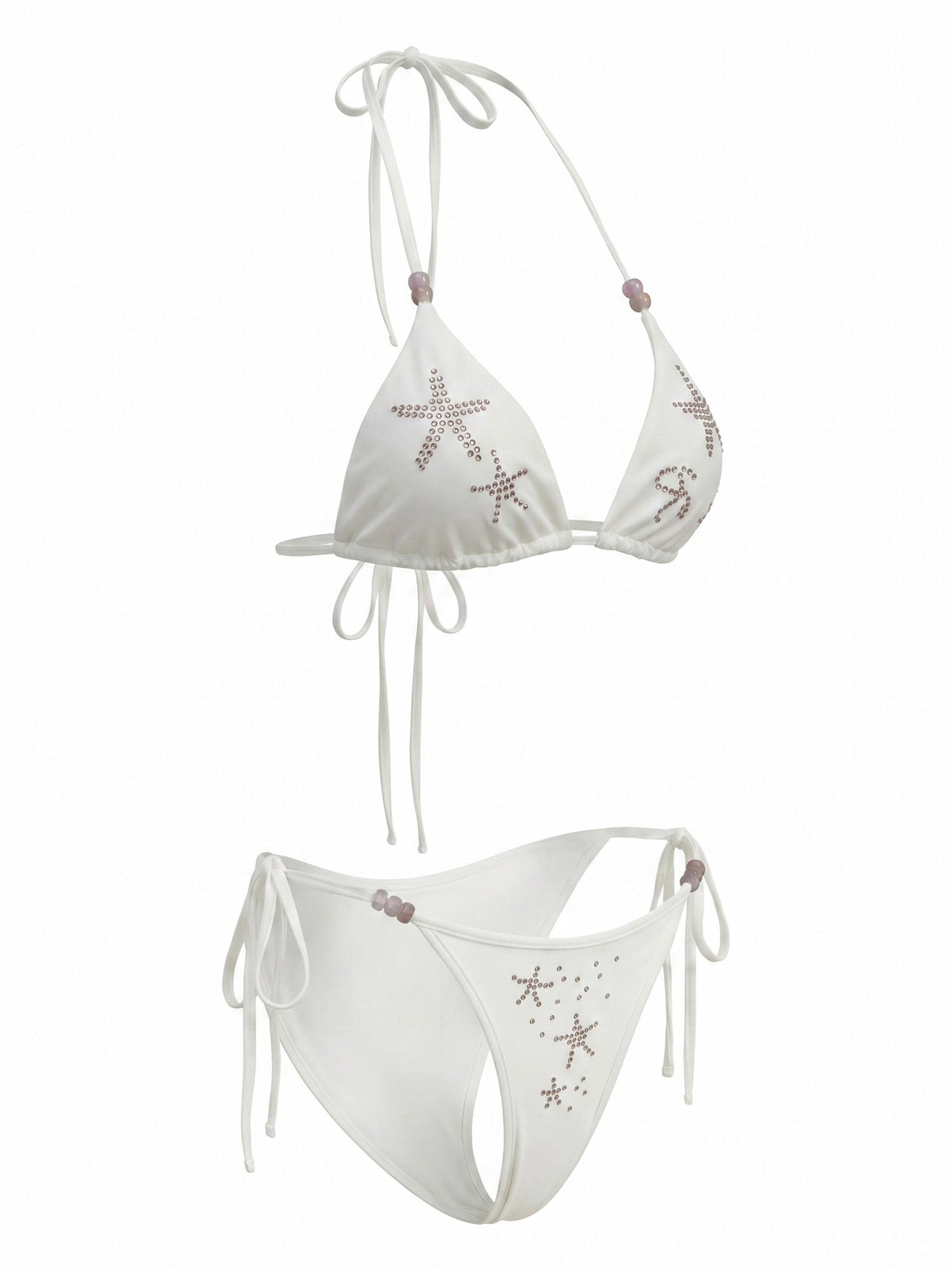 THELIGHT OFFICIAL White Starfish Rhinestone Triangle Halter Tie Women's Polyester Spandex Bikinis