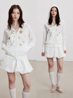 THELIGHT OFFICIAL White Sun Protective Hooded Zip Front Printed Women's Cotton Polyester Hoodies