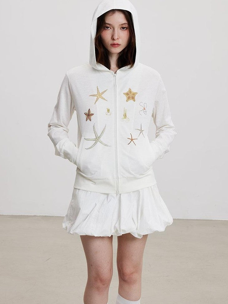 THELIGHT OFFICIAL White Sun Protective Hooded Zip Front Printed Women's Cotton Polyester Hoodies