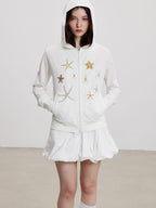THELIGHT OFFICIAL White Sun Protective Hooded Zip Front Printed Women's Cotton Polyester Hoodies