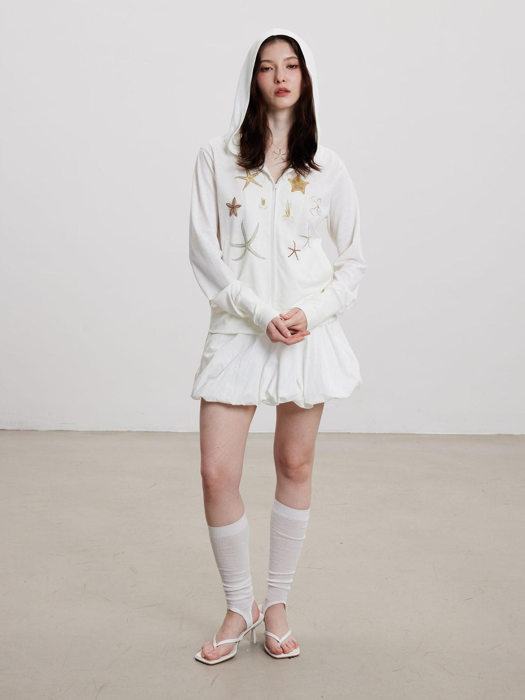 THELIGHT OFFICIAL White Sun Protective Hooded Zip Front Printed Women's Cotton Polyester Hoodies