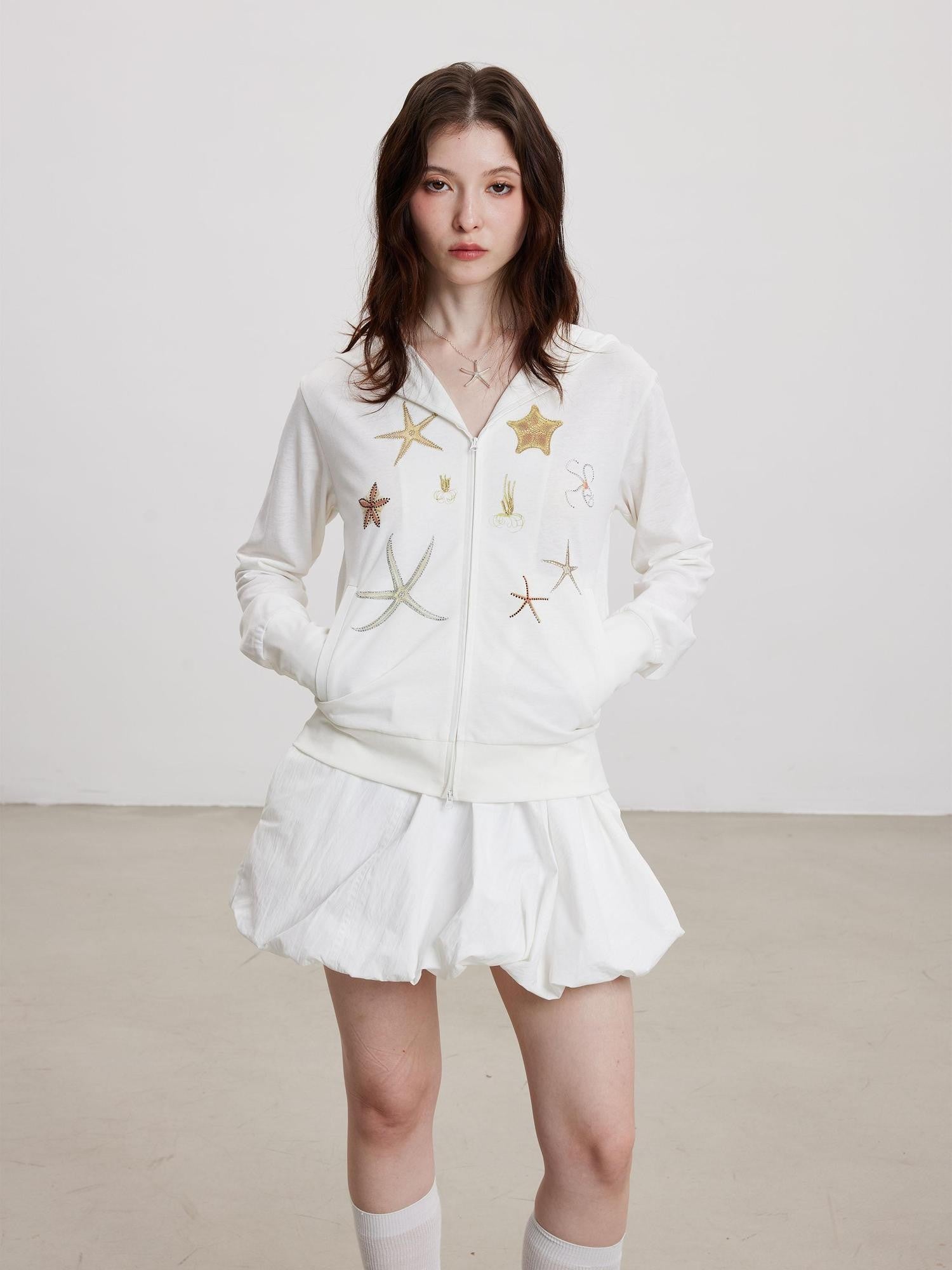 THELIGHT OFFICIAL White Sun Protective Hooded Zip Front Printed Women's Cotton Polyester Hoodies