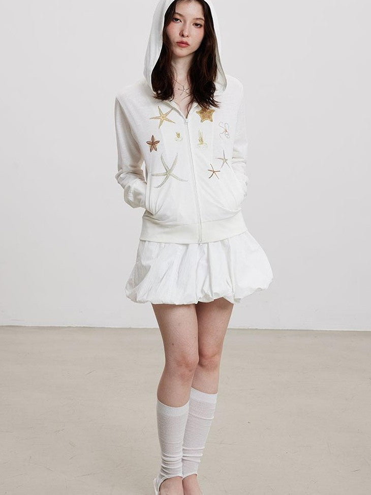 THELIGHT OFFICIAL White Sun Protective Hooded Zip Front Printed Women's Cotton Polyester Hoodies