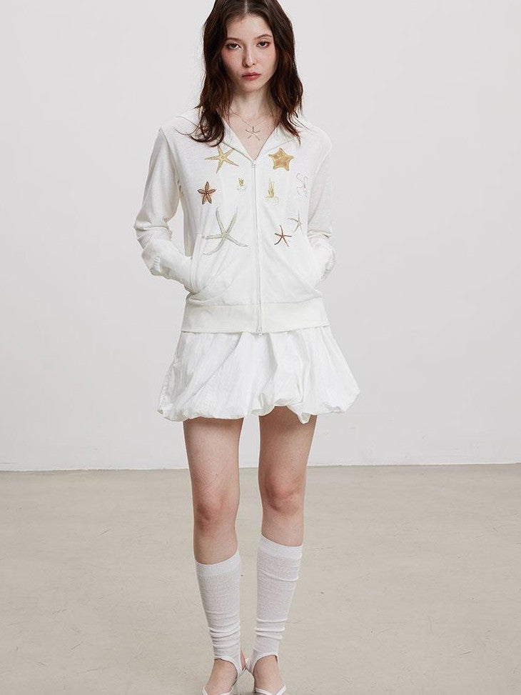 THELIGHT OFFICIAL White Sun Protective Hooded Zip Front Printed Women's Cotton Polyester Hoodies