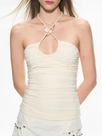 THELIGHT OFFICIAL White U Neck Halter Chain Ruched Low Back Women's Polyester Spandex Camisoles