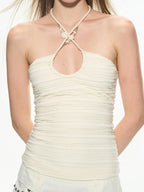 THELIGHT OFFICIAL White U Neck Halter Chain Ruched Low Back Women's Polyester Spandex Camisoles