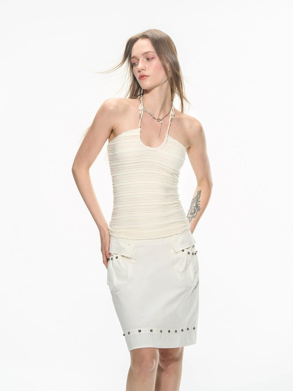 THELIGHT OFFICIAL White U Neck Halter Chain Ruched Low Back Women's Polyester Spandex Camisoles