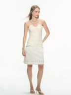 THELIGHT OFFICIAL White U Neck Halter Chain Ruched Low Back Women's Polyester Spandex Camisoles
