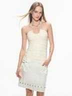 THELIGHT OFFICIAL White U Neck Halter Chain Ruched Low Back Women's Polyester Spandex Camisoles