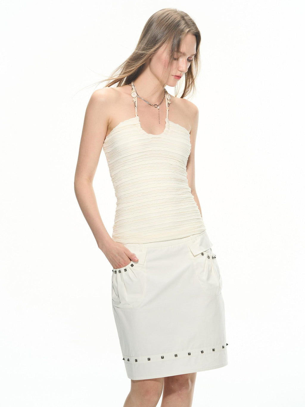 THELIGHT OFFICIAL White U Neck Halter Chain Ruched Low Back Women's Polyester Spandex Camisoles