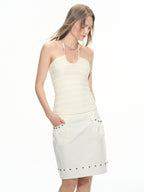 THELIGHT OFFICIAL White U Neck Halter Chain Ruched Low Back Women's Polyester Spandex Camisoles