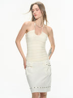 THELIGHT OFFICIAL White U Neck Halter Chain Ruched Low Back Women's Polyester Spandex Camisoles