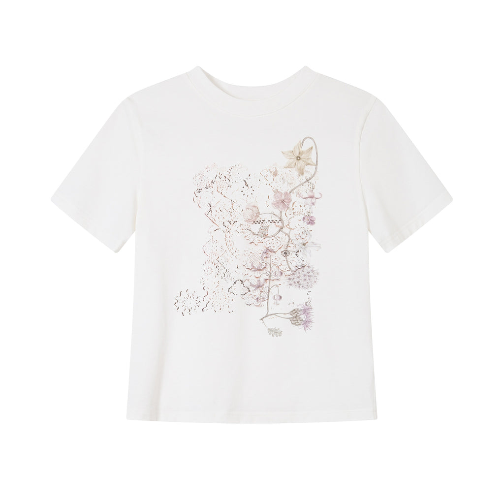 THELIGHT OFFICIAL White Vintage Floral Pattern Print Women's Cotton Blend Short Sleeve T-shirts 918736630119