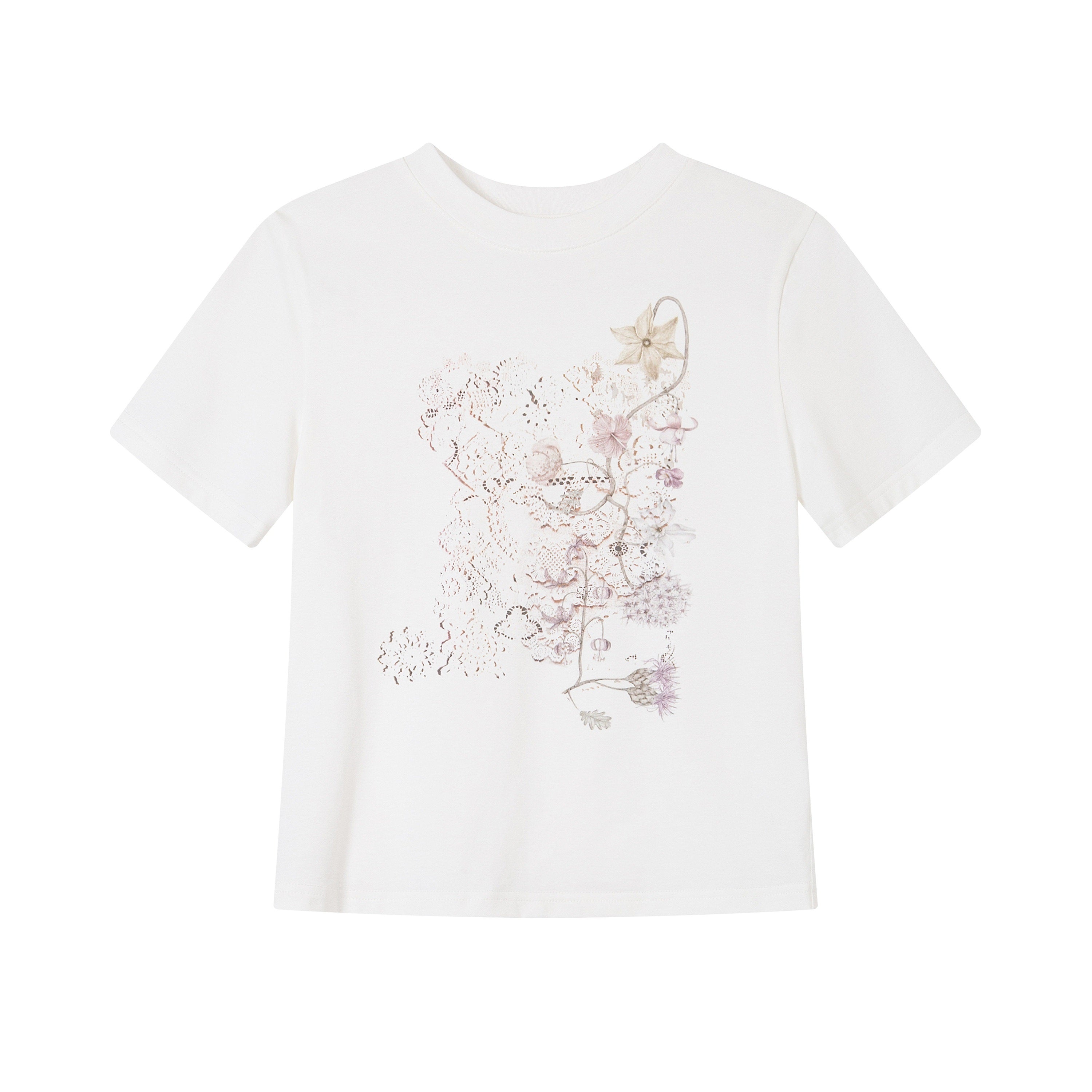 THELIGHT OFFICIAL White Vintage Floral Pattern Print Women's Cotton Blend Short Sleeve T-shirts 918736630119