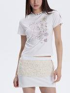 THELIGHT OFFICIAL White Vintage Floral Pattern Print Women's Cotton Blend Short Sleeve T-shirts