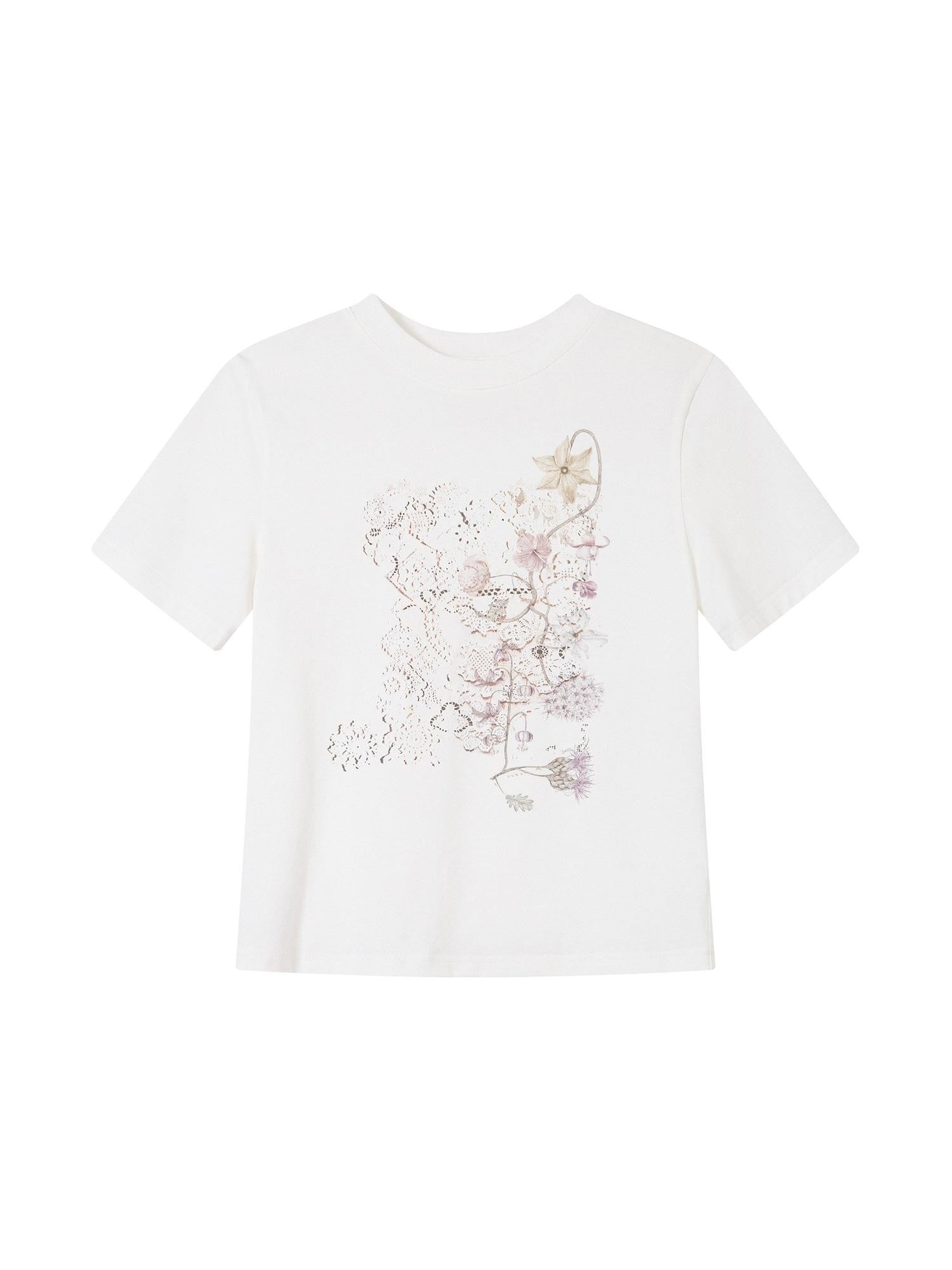 THELIGHT OFFICIAL White Vintage Floral Pattern Print Women's Cotton Blend Short Sleeve T-shirts