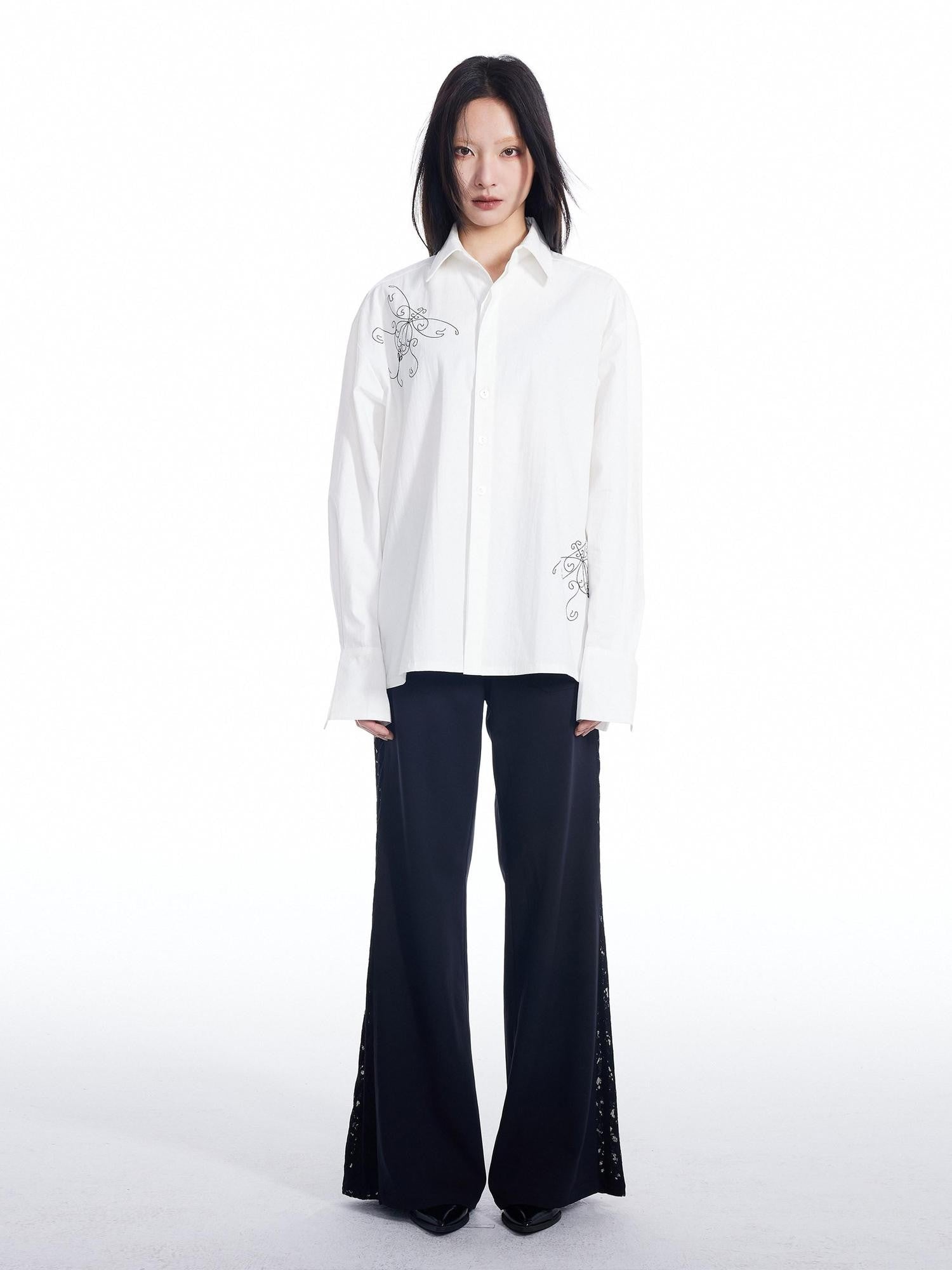 THELIGHT OFFICIAL Window Floral Topstitch Suit Collar Butterfly Embroidery Women's Cotton Shirts