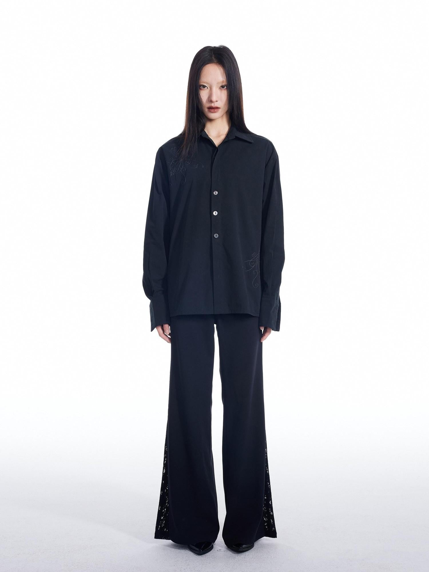 THELIGHT OFFICIAL Window Floral Topstitch Suit Collar Butterfly Embroidery Women's Cotton Shirts