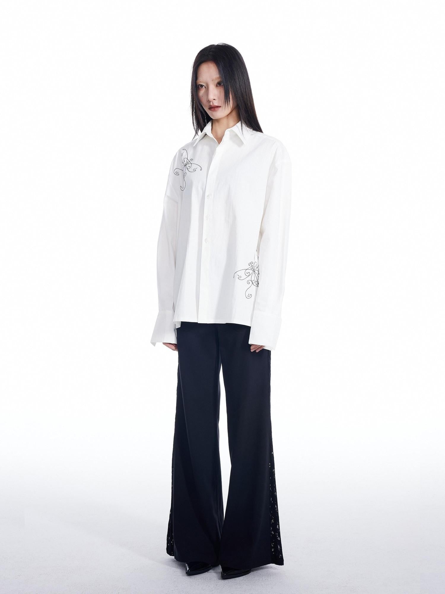 THELIGHT OFFICIAL Window Floral Topstitch Suit Collar Butterfly Embroidery Women's Cotton Shirts