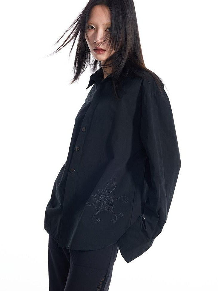 THELIGHT OFFICIAL Window Floral Topstitch Suit Collar Butterfly Embroidery Women's Cotton Shirts