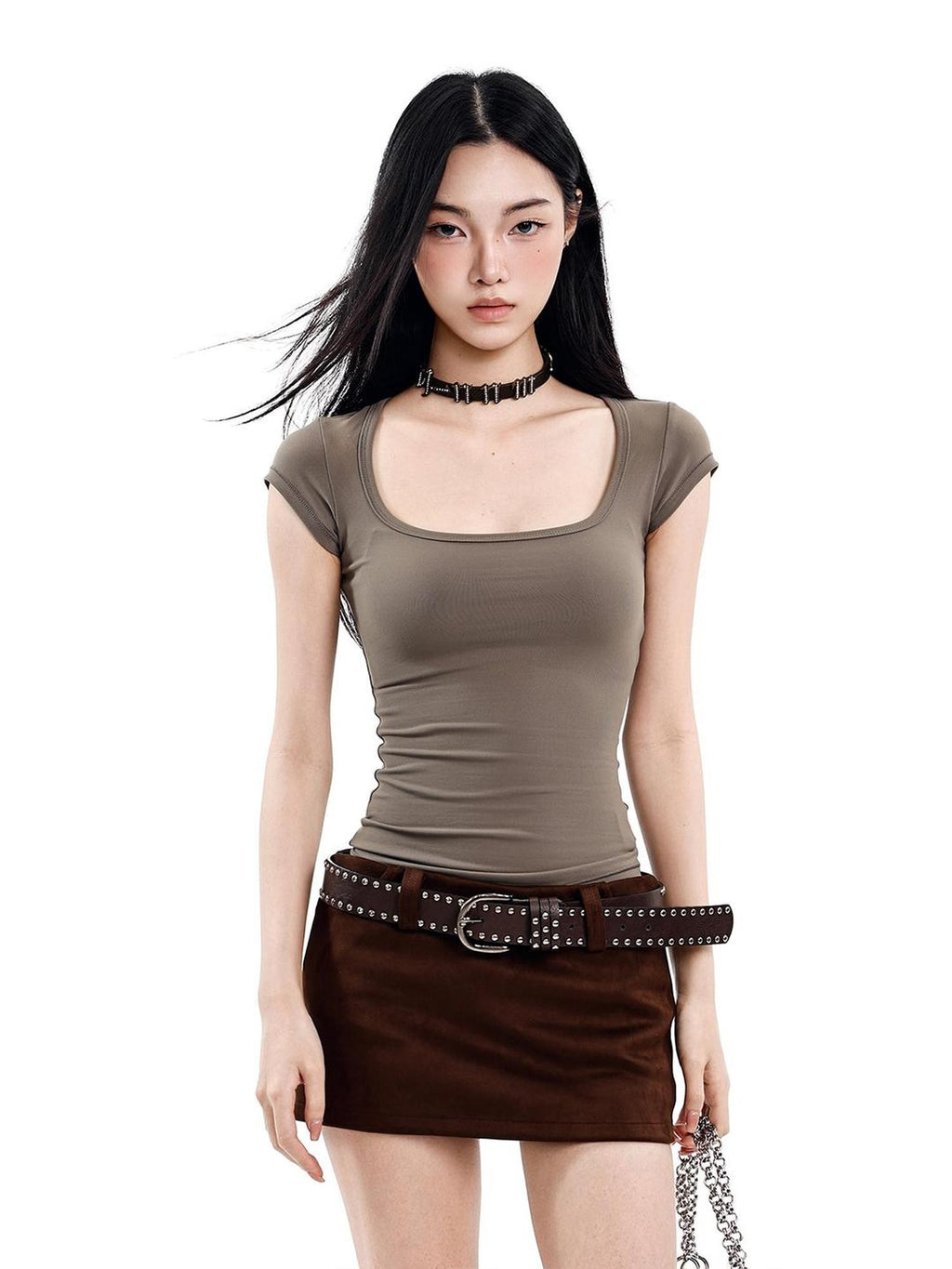 UNCMHISEX American Solid Color U Neck Slim Fit Women's Short Sleeve T-shirts