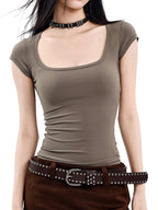 UNCMHISEX American Solid Color U Neck Slim Fit Women's Short Sleeve T-shirts