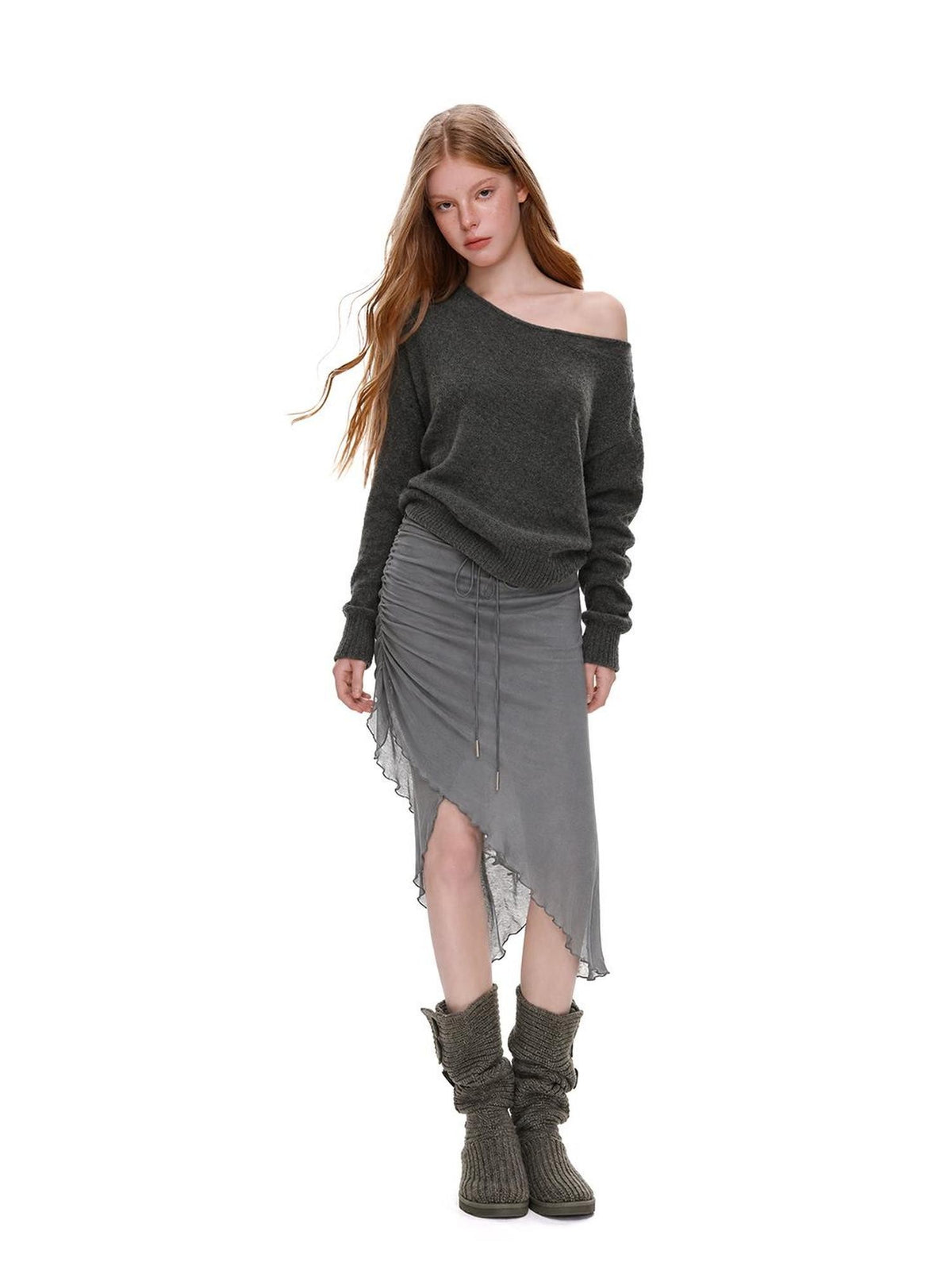 UNCMHISEX Asymmetric Split Drawstring Ruched Slim Fit Women's Midi Skirts