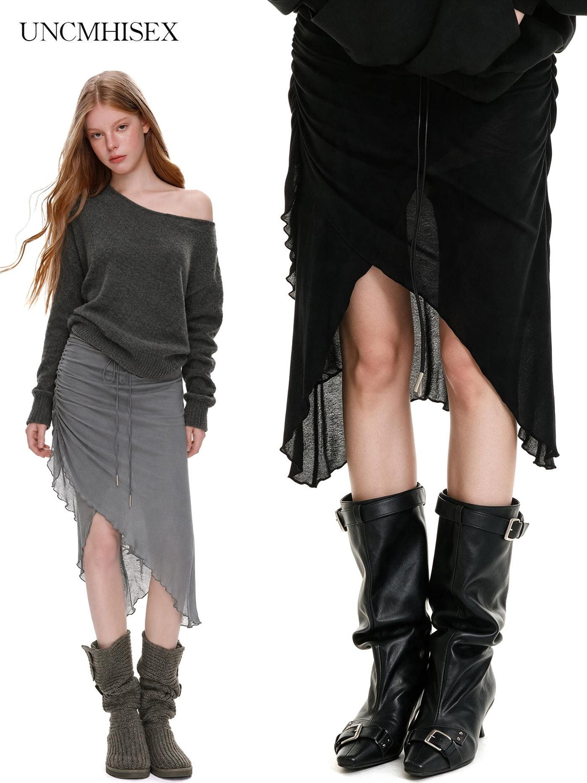 UNCMHISEX Asymmetric Split Drawstring Ruched Slim Fit Women's Midi Skirts